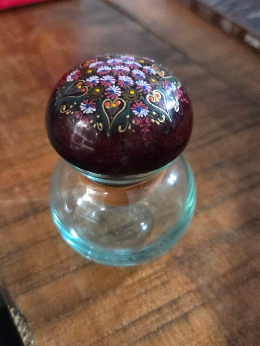 Hand-Painted Folk Floral Apothecary Jar Burgundy w/ Wooden Dome Stopper
